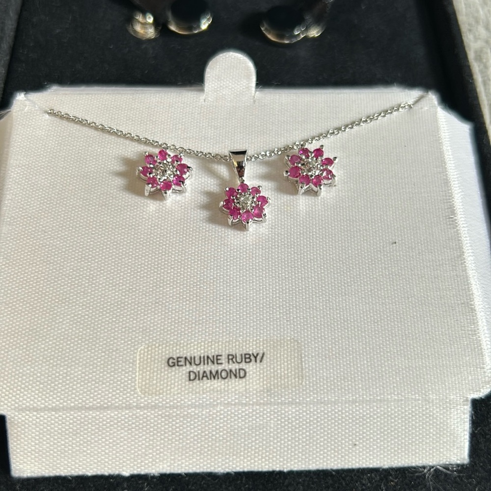 Genuine Ruby Diamond Flower Necklace and Earring Set New